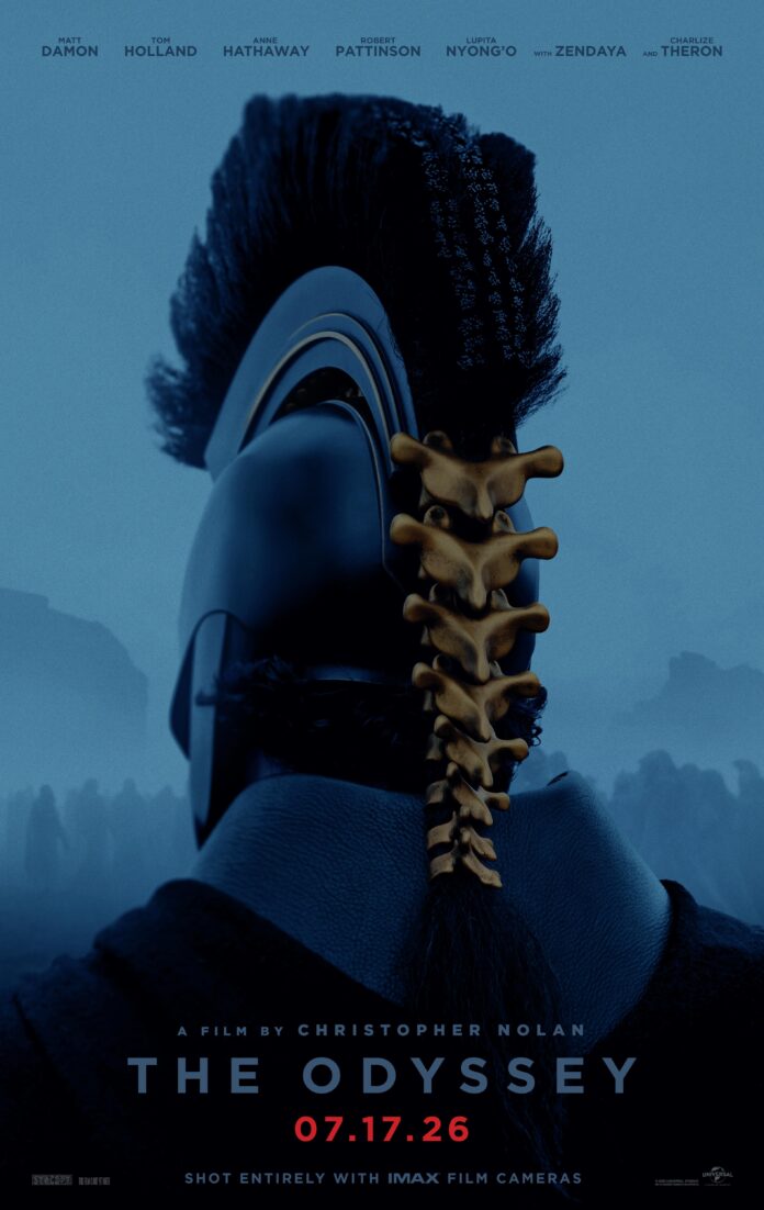 The Odyssey 2026 movie poster from Christopher Nolan featuring a warrior helmet and spine-like crest