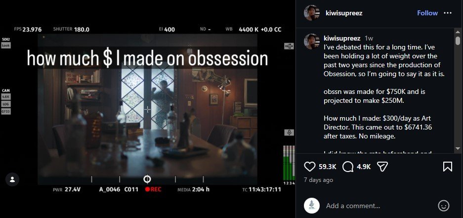 Sally Choi Instagram post on how much she made on Obsession
