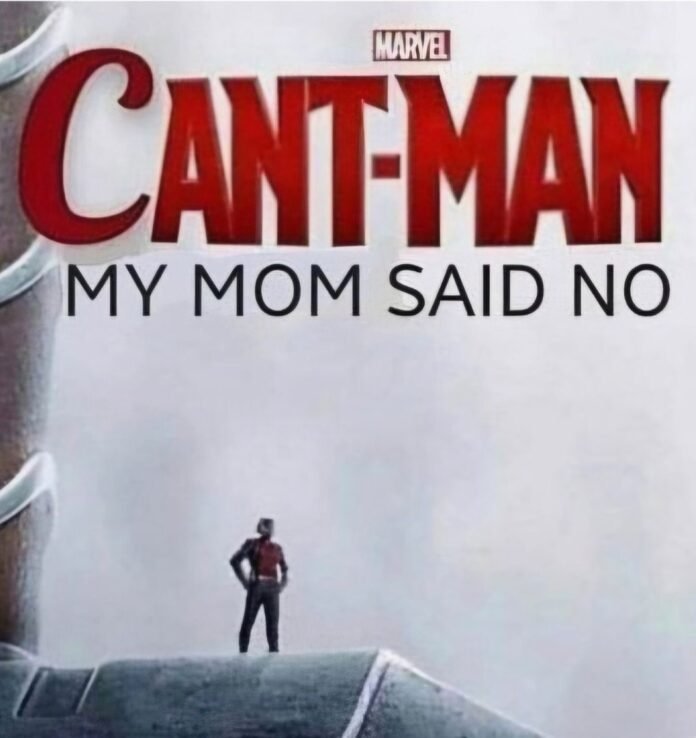 Funny Ant-Man meme with the text “Ant-Man: My Mom Said No,” parodying the Marvel movie title.