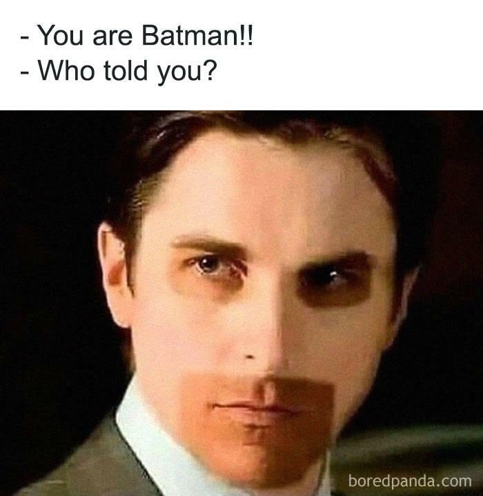 Funny Batman meme showing Bruce Wayne with a tan line matching Batman’s mask, joking that his identity was revealed.