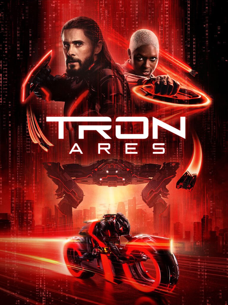 Official Tron: Ares poster featuring Jared Leto and futuristic light cycle.