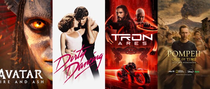 Disney+ July 2026 highlights featuring Avatar: Fire and Ash, Dirty Dancing, Tron: Ares, and Pompeii: Out of Time.