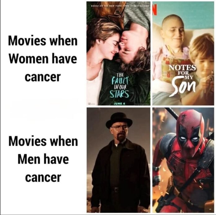 Funny movie meme comparing how movies portray women and men with cancer