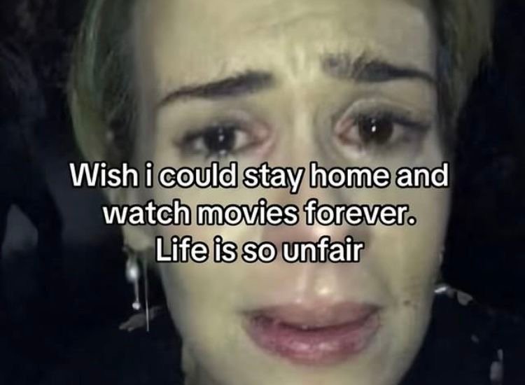 Crying meme wishing life was only about watching movies forever.