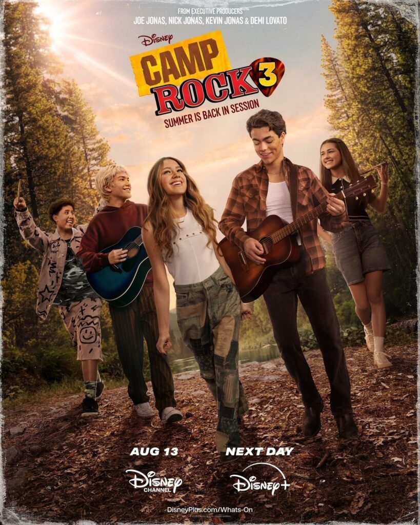 Camp Rock 3 cast with guitars in a forest for the Disney+ musical sequel