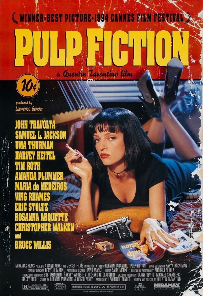     Pulp Fiction poster featuring Uma Thurman lying on a bed with a gun