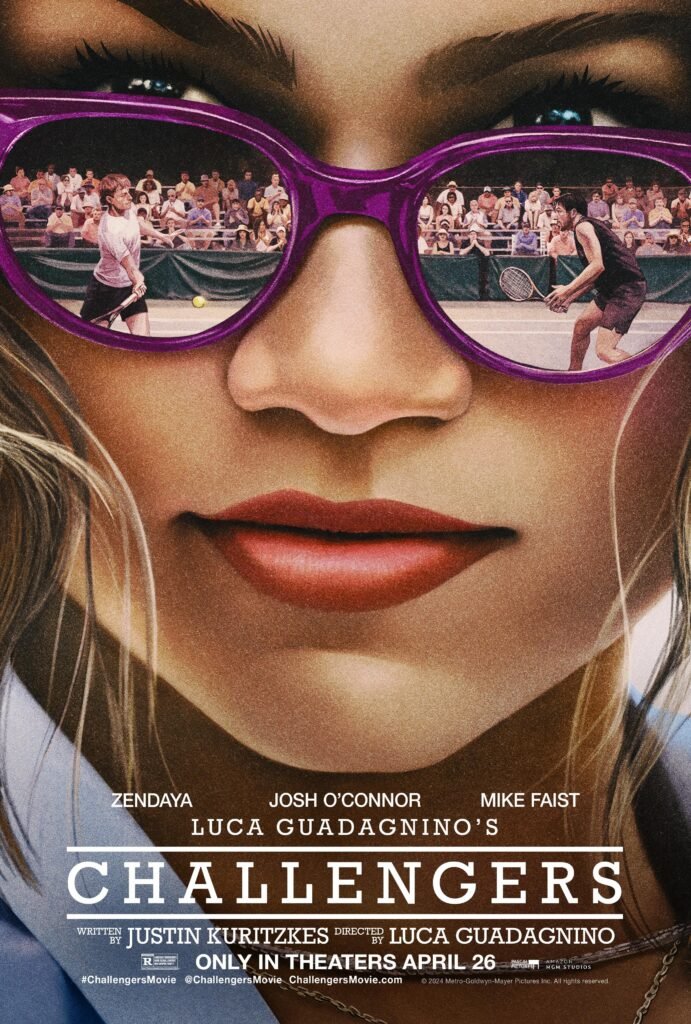    Challengers poster featuring Zendaya wearing purple sunglasses with tennis players reflected in them