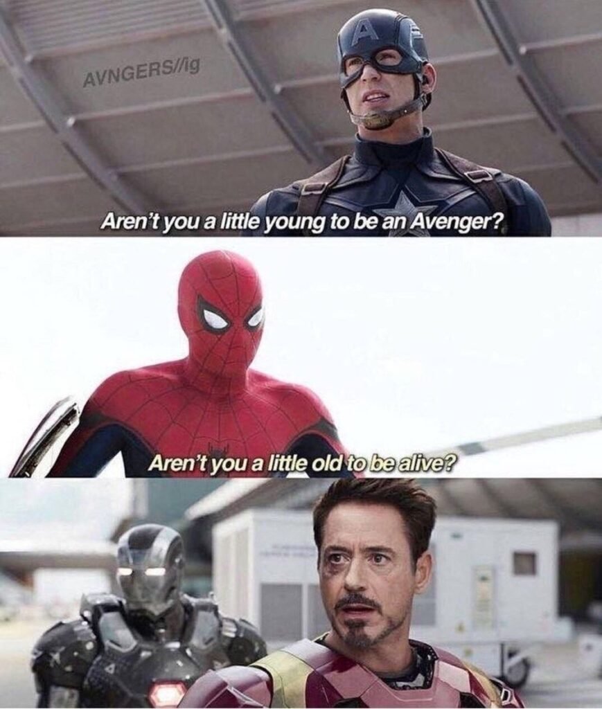Captain America, Spider-Man and Iron Man in a funny Marvel meme about being too young or too old