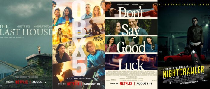 Collage featuring The Last House, Outer Banks Season 5, Don’t Say Good Luck, and Nightcrawler, four of Netflix’s biggest August 2026 releases