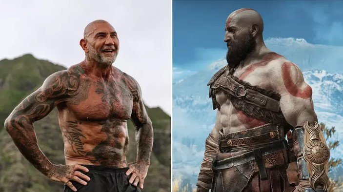 Left: Dave Bautista. Right: Kratos in God of War video game
