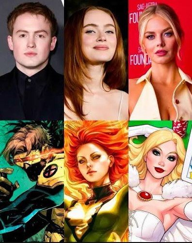 side-by-side cast graphic of Sadie Sink, Samara Weaving, and Kit Connor, with Jean Grey, Emma Frost, and Cyclops labeled beneath each.