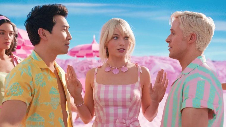 Simu Liu, Margot Robbie and Ryan Gosling in Barbie, 2023