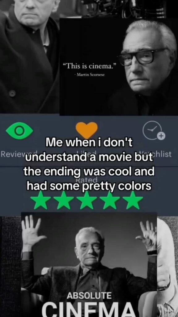 Funny movie meme about giving a film five stars despite not understanding it