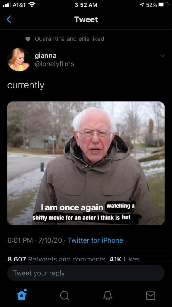 Meme about watching a bad movie because you find the actor attractive