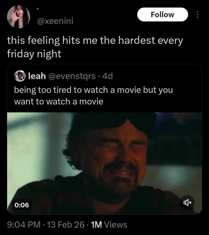 Meme about being too tired to watch a movie while still wanting to watch one