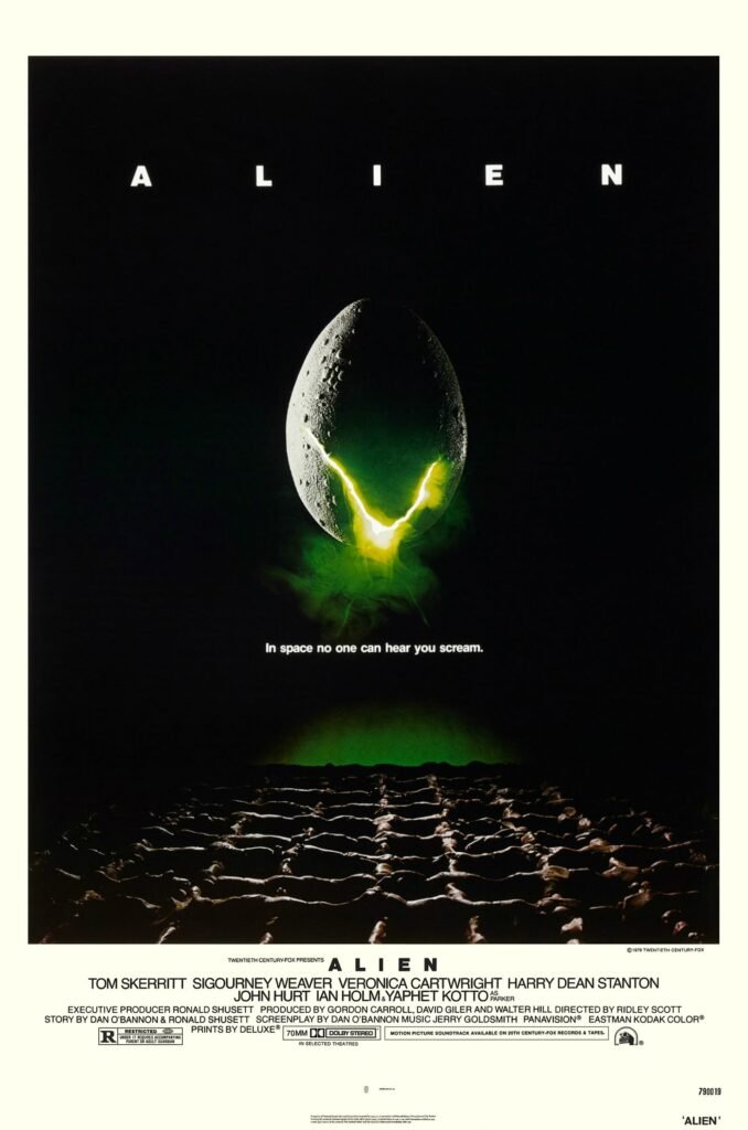 Alien 1979 poster featuring the iconic cracked green-lit egg