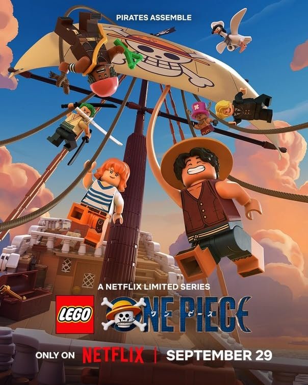 LEGO One Piece Netflix poster featuring the Straw Hat Pirates aboard their ship