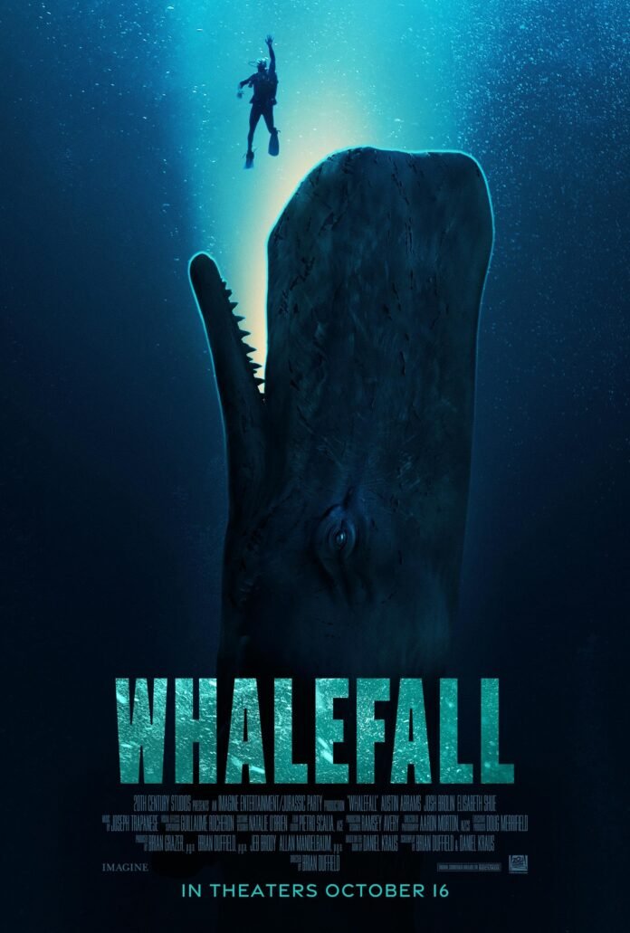 Whalefall poster showing a diver facing a massive whale underwater