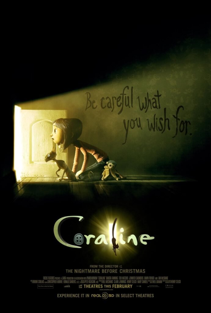 Coraline poster featuring Coraline and her dolls in a dark hallway