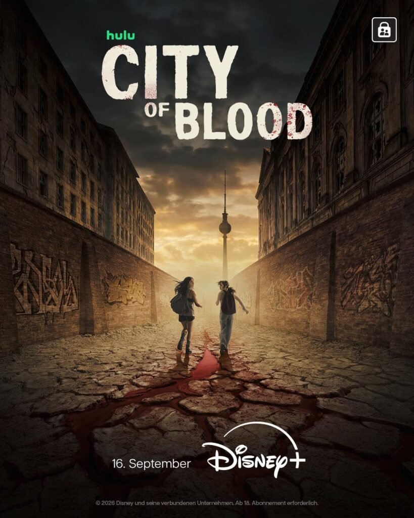  City of Blood Disney+ poster showing two characters walking through a dark city
