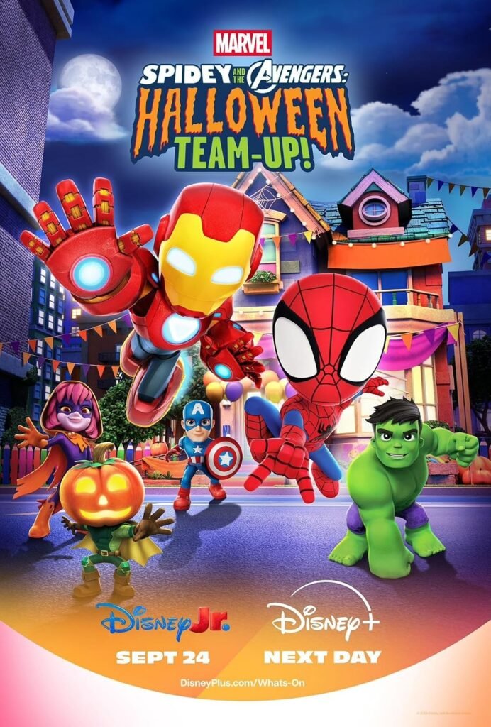 Spidey and the Avengers: Halloween Team-Up! poster featuring Spider-Man, Iron Man, Captain America and Hulk