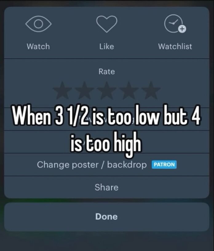 Funny Letterboxd meme about choosing between 3.5 and 4 star ratings