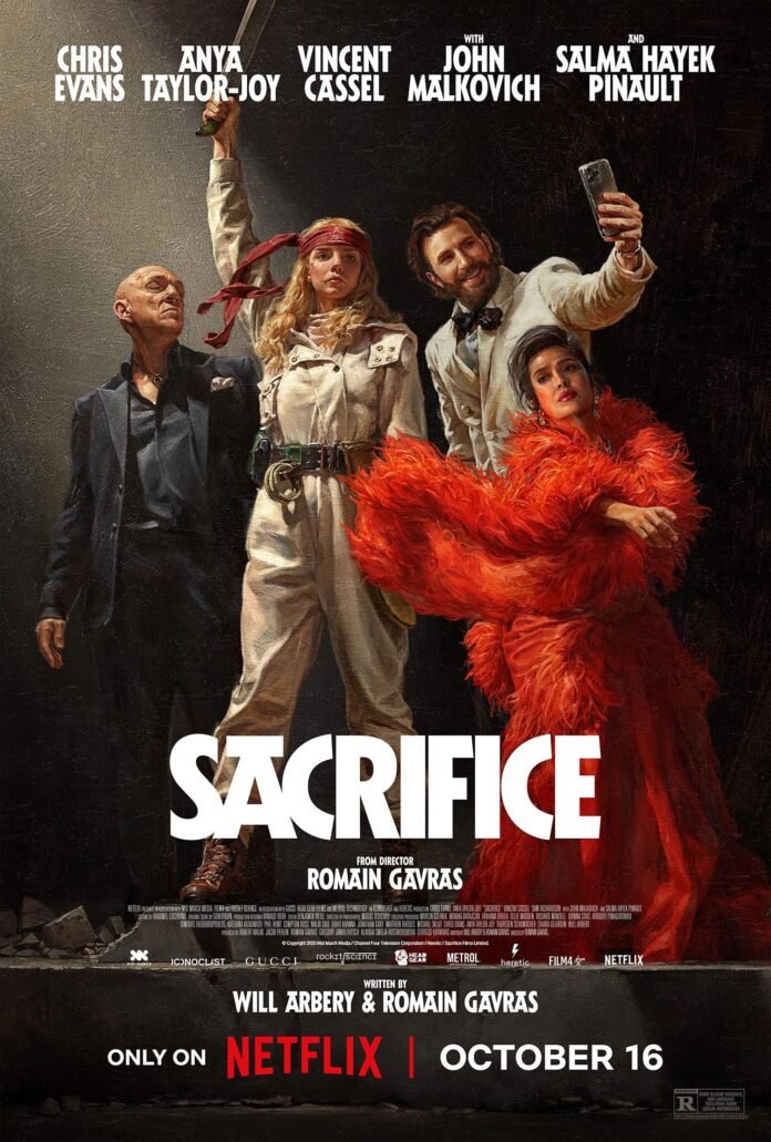 Sacrifice movie poster featuring Chris Evans, Anya Taylor-Joy, Vincent Cassel and Salma Hayek Pinault