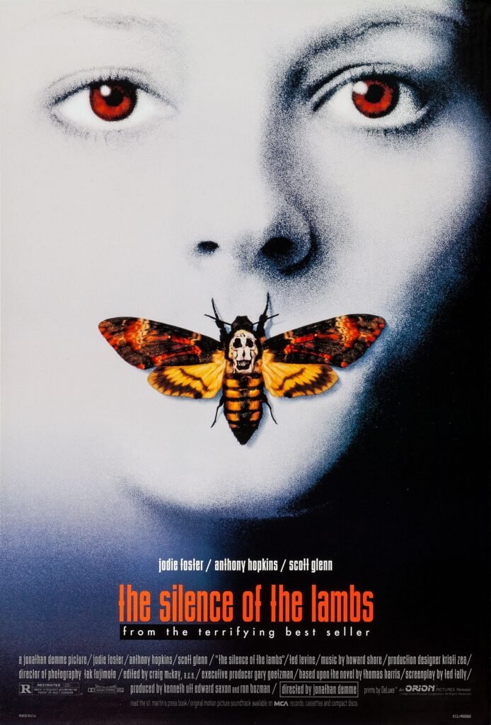 The Silence of the Lambs poster featuring the iconic moth and Jodie Foster
