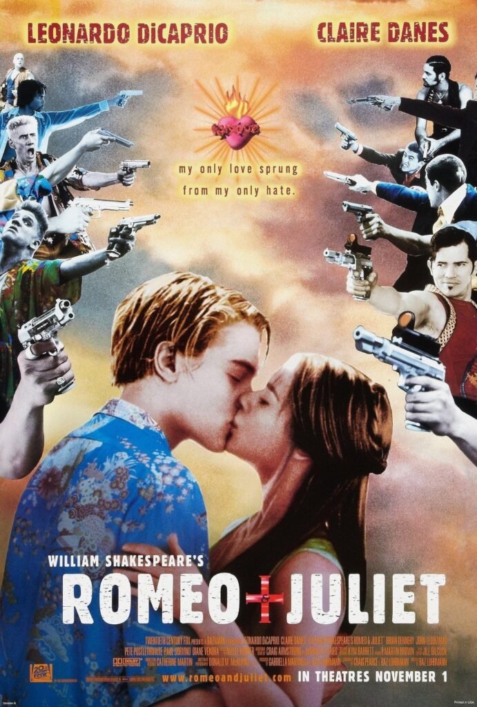     Leonardo DiCaprio and Claire Danes star in Baz Luhrmann’s stylish 1996 adaptation of Romeo + Juliet.