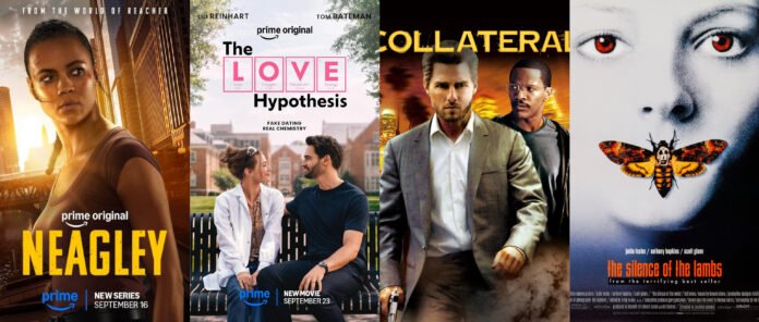 Prime Video September 2026 collage featuring Neagley, The Love Hypothesis, Collateral, and The Silence of the Lambs