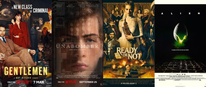 Collage featuring Netflix’s The Gentlemen Season 2, Unabomber, Ready or Not, and Alien posters, highlighting four of the top movies and shows to watch on Netflix in September 2026.