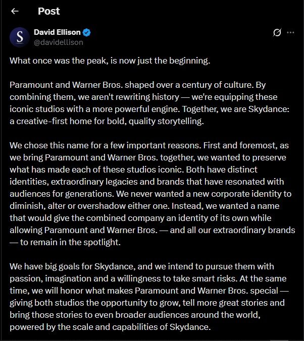 David Ellison’s X post)