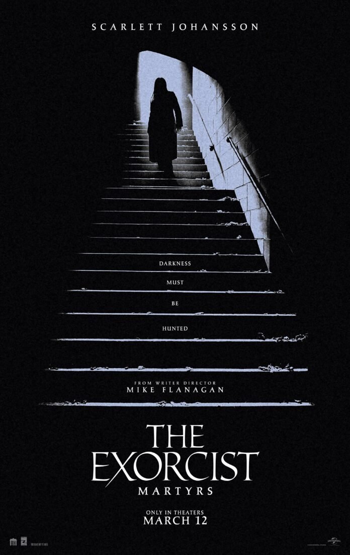 The Exorcist: Martyrs movie poster showing a shadowy figure on a staircase, with Scarlett Johansson's name and the March 12 release date.