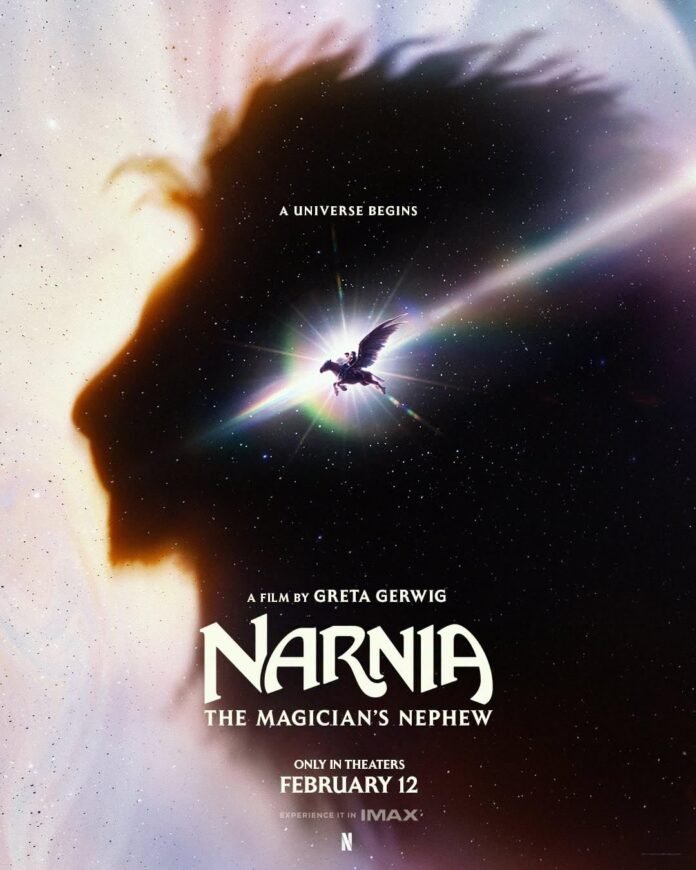 Narnia: The Magician’s Nephew poster featuring a winged horse and rider flying through a glowing cosmic universe, with the February 12 theatrical release date.