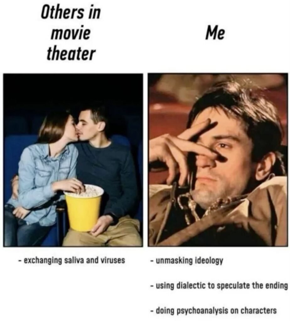 Movie theater meme comparing a couple kissing during a film with a viewer analyzing ideology, endings, and character psychology