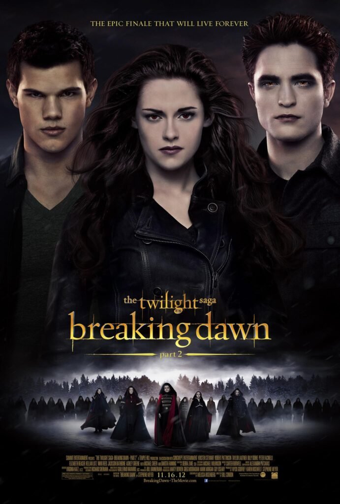 Bella Swan, Edward Cullen, and Jacob Black on The Twilight Saga: Breaking Dawn- Part 2 poster.
