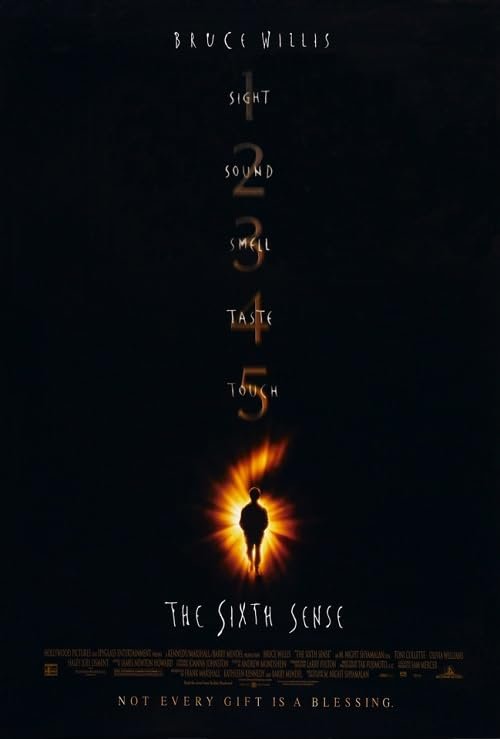 The dark movie poster for The Sixth Sense starring Bruce Willis.