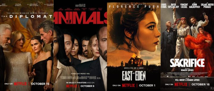 Netflix October 2026 lineup featuring posters for The Diplomat, Animals, East of Eden, and Sacrifice, with their October release dates.